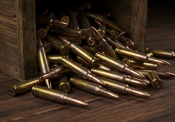Ammunition in Wooden Box Rifle Bullets, Metallic Cartridges, Military Weaponry, Firearm Supplies, Gun Accessories.