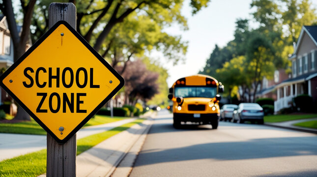 School zone warning sign with yellow school bus arriving on a sunny suburban street, representing back to school season, student commute, and the start of a new academic year
