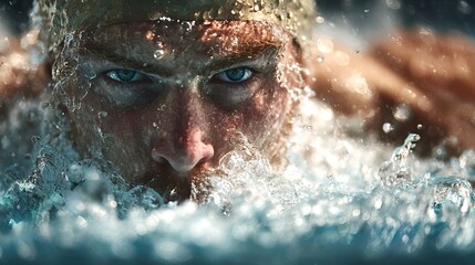 Close up of a professional swimmer wearing a swimming cap breathing while swimming the crawl stroke, creating splashes and bubbles in a pool