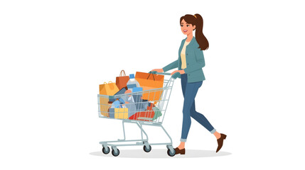 Young woman walking with a shopping basket full of colorful groceries, dressed casually in a jacket and jeans on a white background.