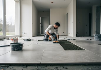 Tiler laying tile in a modern home, construction worker installing flooring, interior renovation, home improvement project.