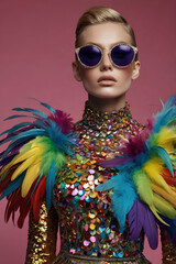 A vibrant fashion model with blonde hair and stylish sunglasses wears a dazzling rainbow sequin and feather top against a bright pink background, embodying LGBTQ+ pride and celebration.