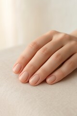 Fototapeta premium Close-up, minimalistic photo of a womans hand resting on a beige linen surface. The hand features perfectly shaped short nude nails, exuding pure, clean, and natural manicure look.