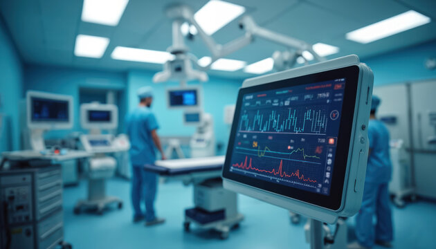 Hospital operating room scene with medical equipment. Focus on tablet screen displaying patient vital signs, heart rate, blood pressure graphs. Healthcare tech, patient monitoring system, doctor in