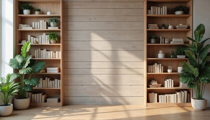 Modern minimalist office background features wooden bookshelves filled with books, plants, and decor. Natural light streams in, creating a warm, professional atmosphere ideal for video calls.