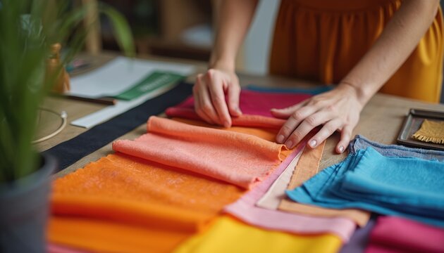 Fashion designer selects colorful fabric swatches, arranging to spark creativity. Process embodies fashion design, textile selection for new collections, tailoring, style development.