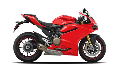 Red sport motorcycle shown in side view, highlighting its sleek aerodynamic design, powerful engine, and premium components. Perfect for automotive design, motorsport themes, and transportation visual