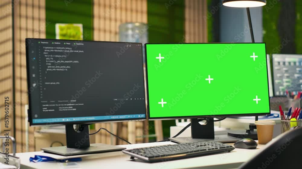 Fototapete Mockup PC in empty IT startup office displaying programming languages used for building applications. Green screen computer showing code in software development agency with no people in