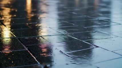 Rain Falling on Wet Tiles Creating Ripples in Urban Night Scene - Powered by Adobe