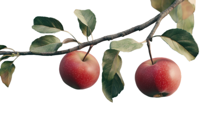 Two ripe red apples gleam hanging sweetly from a branch signaling nature s abundance and on transparent background