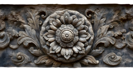 A beautiful stone floral design featuring detailed carving and ornamental embellishments, transparent background