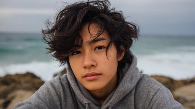 Portrait of a young man with curly hair. he is wearing a grey hoodie and is sitting on a rocky beach with the ocean in the background. - Powered by Adobe