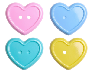 4 heart-shaped plastic buttons in pastel colors, clip art style isolated on a white b