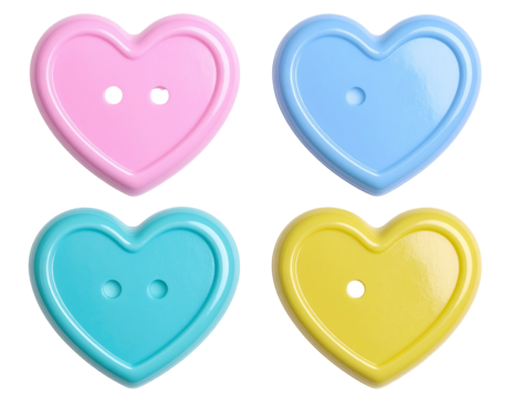 4 heart-shaped plastic buttons in pastel colors, clip art style isolated on a white b