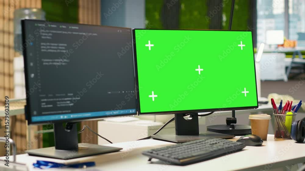  green screen pc display on startup office desk showing programming languages written by developers. 