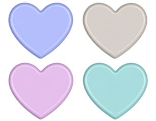 4 heart-shaped plastic buttons in pastel colors, clip art style isolated on a white b