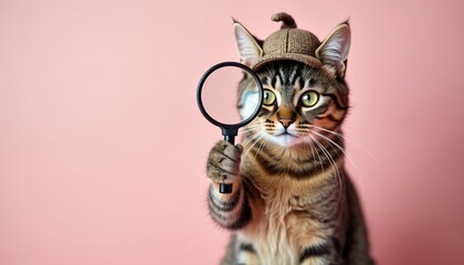 Tabby cat wearing detective hat, holding magnifying glass. Playful indoor portrait of curious kitten exploring. Domestic pet with funny expression, seeking answers, investigation, discovery.
