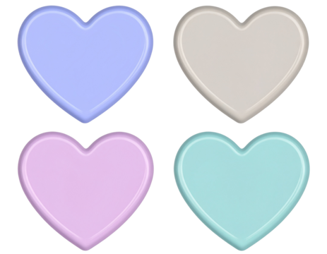 4 heart-shaped plastic buttons in pastel colors, clip art style isolated on a white b
