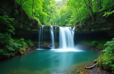 Rich green forest frames powerful waterfall cascading into clear turquoise pool. Smooth flowing water over rocks creates serene natural landscape. Perfect for relaxation, nature, travel, wellness