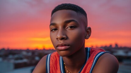 Portrait of a young african-american boy with short hair. he is wearing a red and blue basketball jersey and is looking directly at the camera with a serious expression.