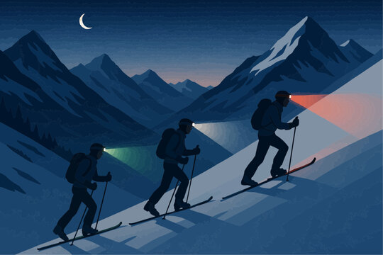 Vector alpine ski mountaineering Stelvio Pass night climb, climbers with Italian tricolor headlamps. / Vettoriale sci alpinismo Passo Stelvio, scalatori notte, lampade frontali tricolori italiane.