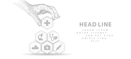 Healthcare system. Medical icons on hexagons made pyramid and hand holding the top element. Health care plane, patient service digital technology, ai integrate