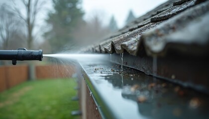 Close-up of rain gutter cleaning using pressure washer. Water spray dislodges debris from roof edge. Residential maintenance task involves removing leaves, dirt. Home improvement, property care