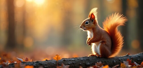 Cute red squirrel sits on tree trunk in forest during autumn. Golden sunlight illuminates furry animal, fallen orange leaves scattered on ground. Charming wildlife scene captures of nature beauty,