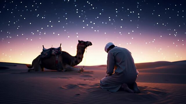 Man Kneeling in Prayer Beside Resting Camel at Sunset in Desert with Starry Sky Evoking Isra Miraj Journey