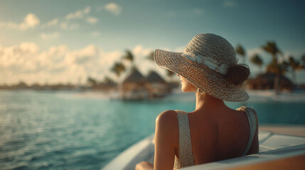 A woman relaxing on a luxurious yacht anchored near a tropical seaside resort