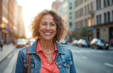Fototapeta premium Mature latin woman smiles happily, enjoying a city trip. She wears a denim jacket over an orange shirt, walking on a sunny street with urban background. Represents active, fun lifestyle for adults.