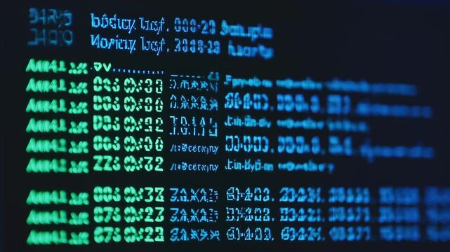 Closeup of computer screen displaying digital data with glowing green and blue text