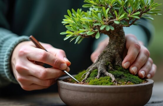 Person meticulously shapes small bonsai tree, tending to roots, soil with precision tools. Miniature tree, set in ceramic pot, vibrant green leaves, textured bark. Detailed focus on miniature