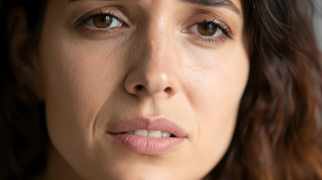 Close-up portrait of a woman's face displaying skin imperfections