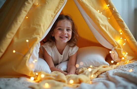 Smiling young girl enjoys playtime inside a cozy yellow teepee tent decorated with fairy lights. Cushions and blankets create a comfortable, warm atmosphere for indoor fun and childhood happiness.