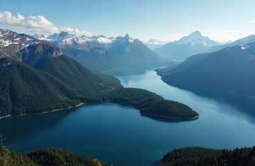 Expansive mountain range with snow-capped peaks overlooking a vast blue lake. Dense evergreen forests cover the slopes, leading down to the water. Clear sky with scattered clouds.