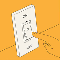 Light switch illustration of finger turning light switch on, turning light on. Light switch with electric circuit shown in simple, minimalist style highlights action of switching power on.