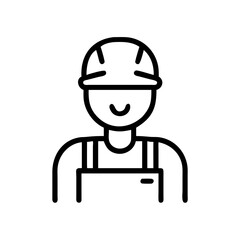 Construction worker graphic in outline style showcases person wearing safety helmet and work overalls. Construction worker icon is suitable for website or app interface elements.