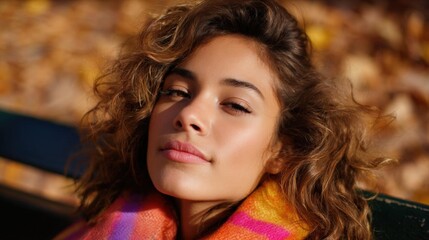 Close-up portrait of a young woman with curly hair. she is resting her head on a wooden bench with fallen leaves in the background.