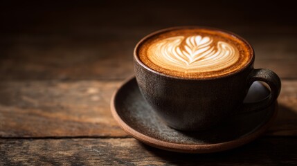 Espresso cup with crema foam art on rustic wooden table