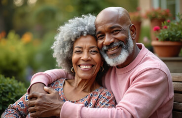 Joyful senior African American couple embraces on garden bench, sharing smiles, love. Happy bond reflects deep affection, contentment in retirement. Serene natural setting enhances quality time