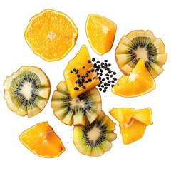 Freshly cut citrus and kiwi fruit, arranged in a circular pattern, with scattered black peppercorns
