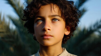Close-up portrait of a young boy with curly hair. he is looking off to the side with a thoughtful expression on his face.