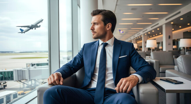 Young businessman in a suit sitting in an airport lounge, looking out at a plane. Business travel.