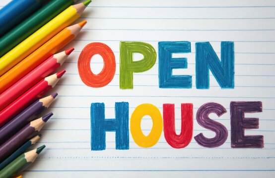 Color pencils spell out OPEN HOUSE on a vintage ruled notebook page. This school-themed image with a grunge retro texture is perfect for educational or promotional material. - Powered by Adobe