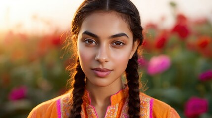 Portrait of a young woman with long dark hair styled in two braids. she is wearing an orange traditional indian outfit with a pink dupatta draped over her shoulders.