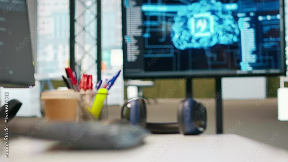 Poster pc monitor on startup office desk showing artificial intelligence neural networks programming langua