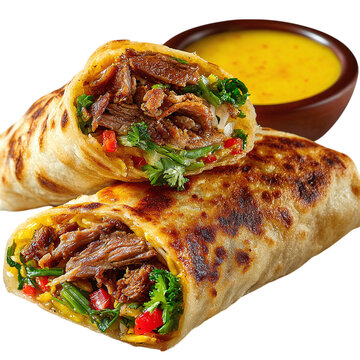 Caribbean roti wrap with curry goat filling and pepper sauce - isolated white background