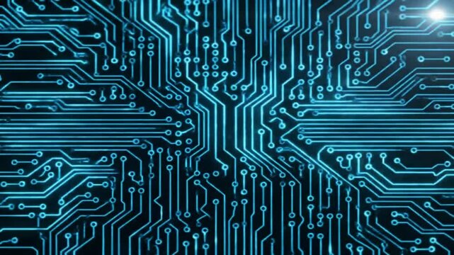 Glowing digital circuits in synchronized waves in a loop on a dark background