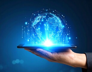 Hand holding tablet with digital globe projection